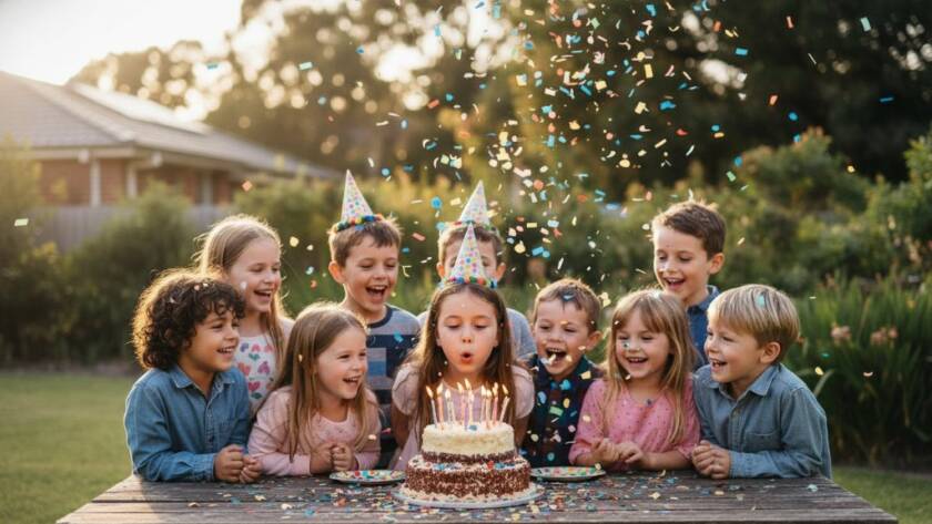 An ecstatic child's face lit by sparklers, celebrating with friends at a vibrant Ardeer birthday party, professionally captured by a photographer specializing in joyous Ardeer birthday party photography Victoria.