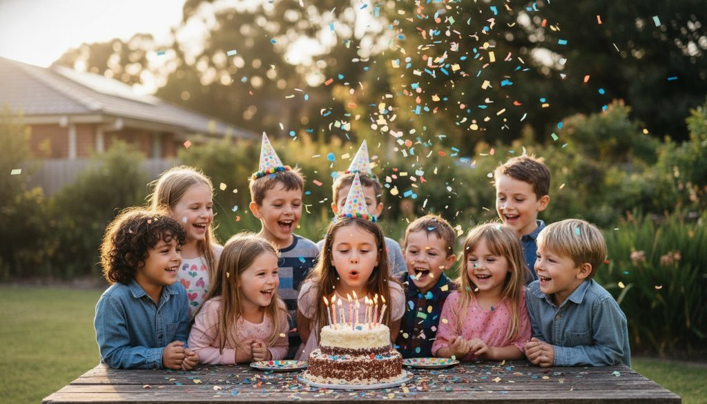 An ecstatic child's face lit by sparklers, celebrating with friends at a vibrant Ardeer birthday party, professionally captured by a photographer specializing in joyous Ardeer birthday party photography Victoria.