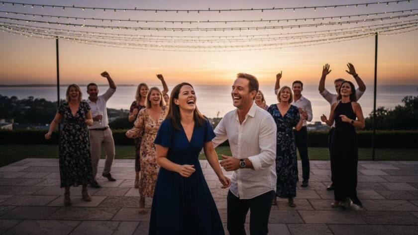 A vibrant, candid photograph capturing joyous Beaumaris party photography moments, featuring guests laughing and dancing under string lights at a beautiful waterfront venue in Beaumaris, Victoria, with a golden hour glow, professionally color-graded and dramatically lit.