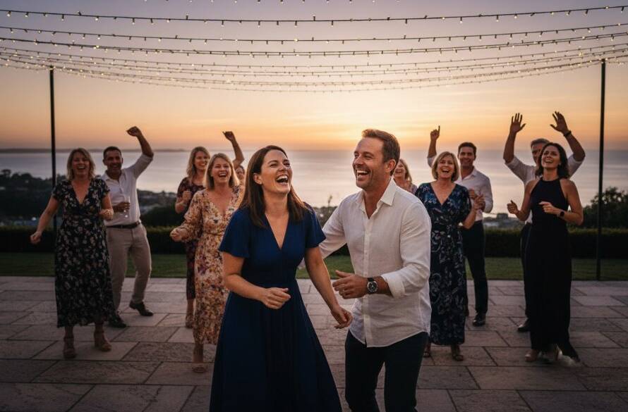 A vibrant, candid photograph capturing joyous Beaumaris party photography moments, featuring guests laughing and dancing under string lights at a beautiful waterfront venue in Beaumaris, Victoria, with a golden hour glow, professionally color-graded and dramatically lit.