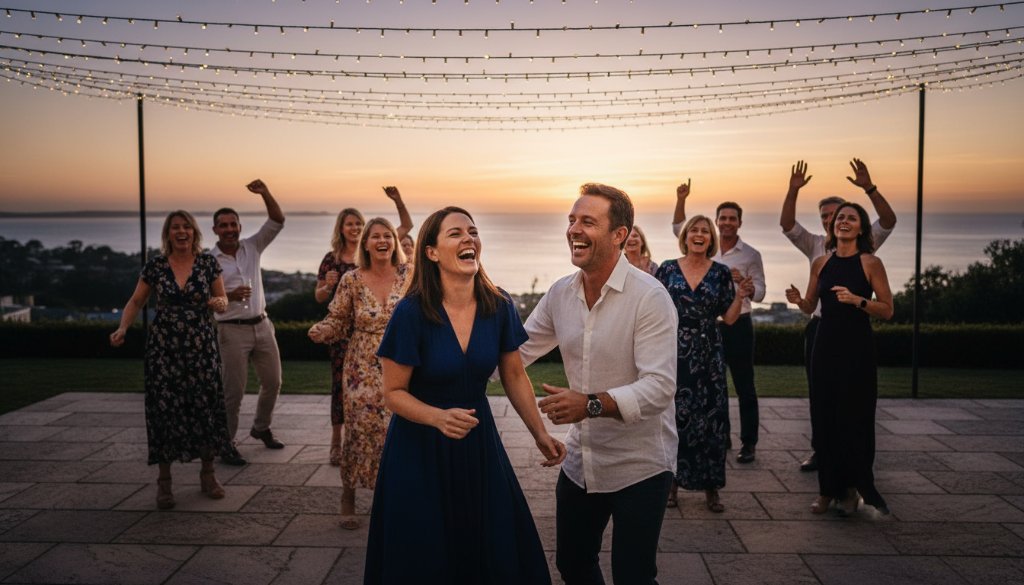A vibrant, candid photograph capturing joyous Beaumaris party photography moments, featuring guests laughing and dancing under string lights at a beautiful waterfront venue in Beaumaris, Victoria, with a golden hour glow, professionally color-graded and dramatically lit.