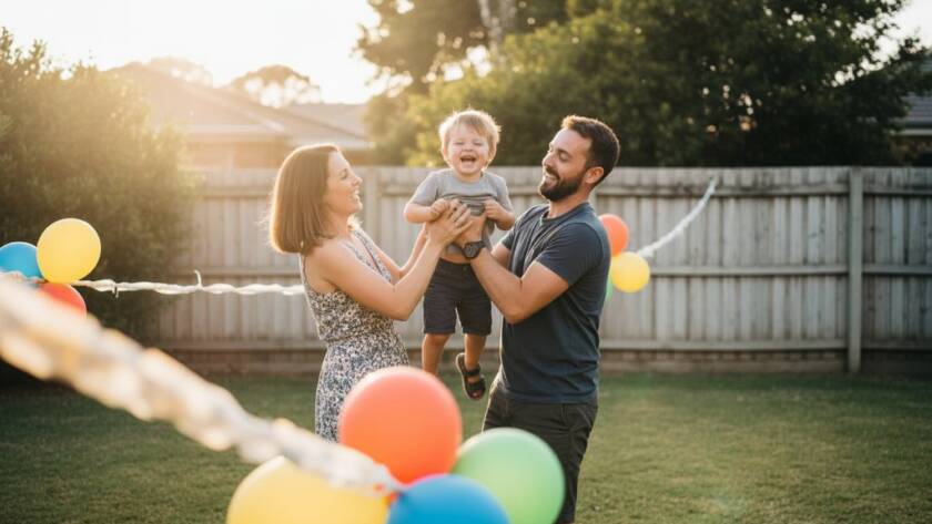 A vibrant, candid moment of children laughing and celebrating at a birthday party in a Rowville park, expertly capturing joyous birthday photography Rowville, with golden hour sunlight filtering through trees.