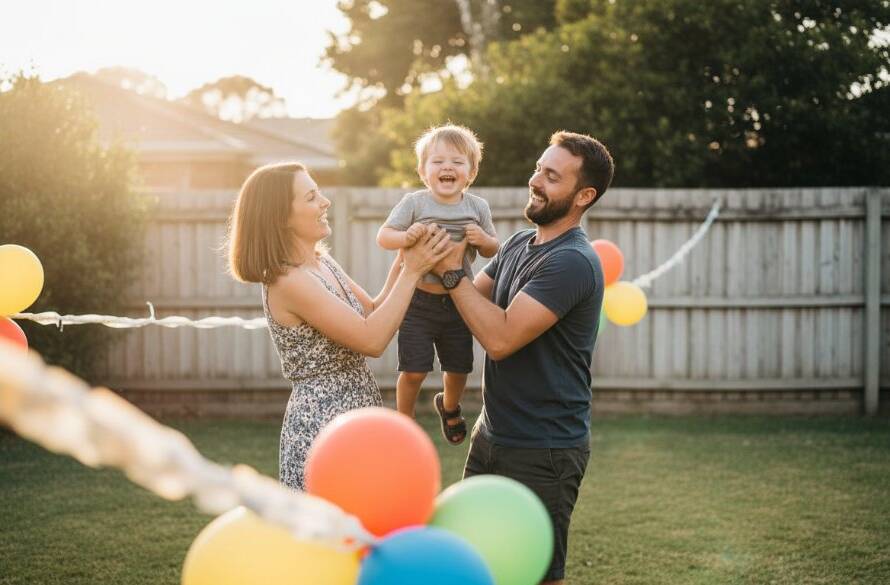 A vibrant, candid moment of children laughing and celebrating at a birthday party in a Rowville park, expertly capturing joyous birthday photography Rowville, with golden hour sunlight filtering through trees.