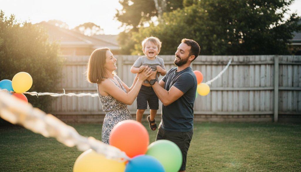 A vibrant, candid moment of children laughing and celebrating at a birthday party in a Rowville park, expertly capturing joyous birthday photography Rowville, with golden hour sunlight filtering through trees.