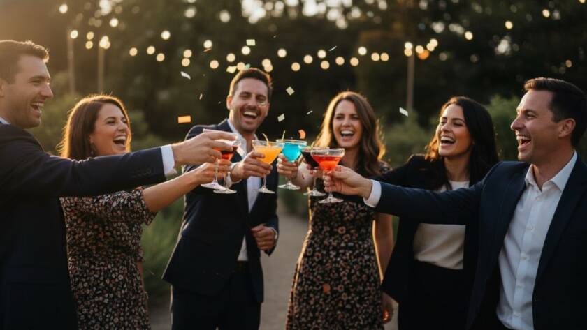 A wide shot capturing joyous Box Hill South party photography at its best: guests raising glasses in a toast, vibrant decorations, confetti in the air, with warm, dramatic lighting illuminating their ecstatic faces and dynamic motion in a beautifully composed, professional photograph.
