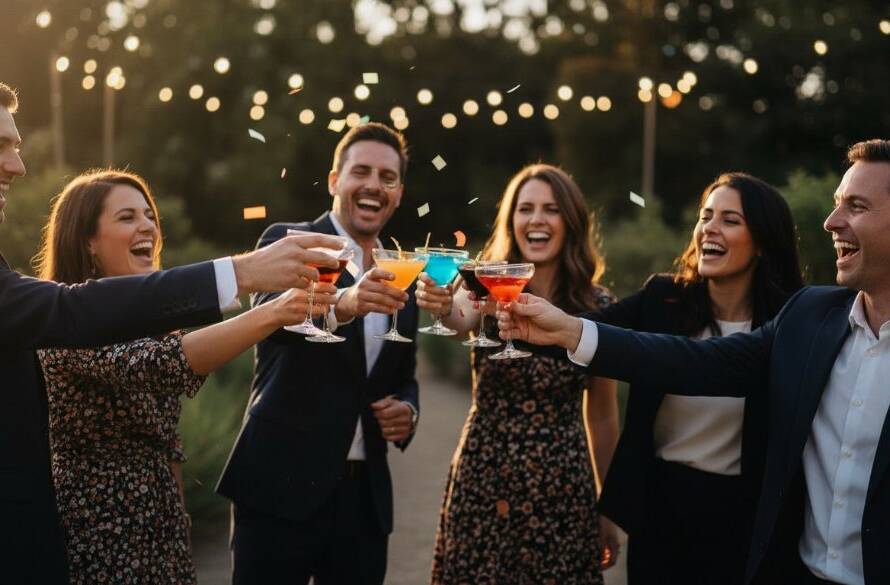 A wide shot capturing joyous Box Hill South party photography at its best: guests raising glasses in a toast, vibrant decorations, confetti in the air, with warm, dramatic lighting illuminating their ecstatic faces and dynamic motion in a beautifully composed, professional photograph.