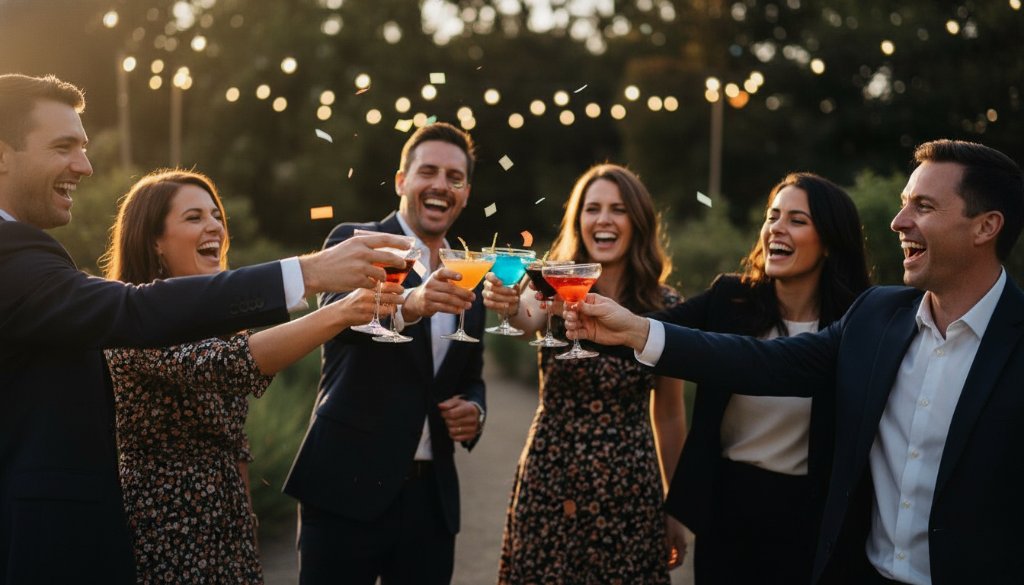 A wide shot capturing joyous Box Hill South party photography at its best: guests raising glasses in a toast, vibrant decorations, confetti in the air, with warm, dramatic lighting illuminating their ecstatic faces and dynamic motion in a beautifully composed, professional photograph.