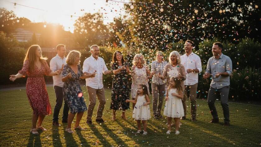A wide-angle, vibrant, professional photograph capturing joyous Deer Park party memories, showing a diverse group of friends laughing and dancing under string lights at dusk in a Deer Park backyard, with confetti in the air and dramatic warm lighting highlighting their expressions.