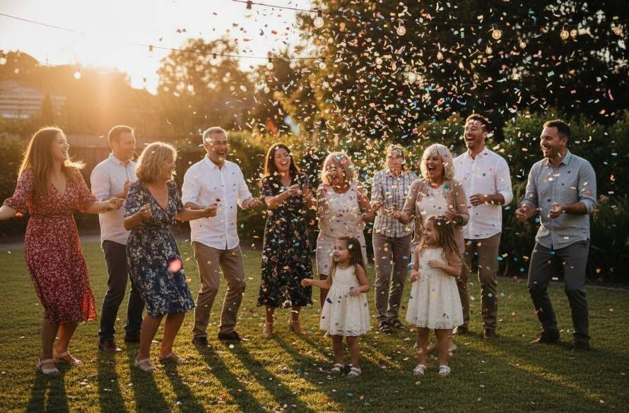A wide-angle, vibrant, professional photograph capturing joyous Deer Park party memories, showing a diverse group of friends laughing and dancing under string lights at dusk in a Deer Park backyard, with confetti in the air and dramatic warm lighting highlighting their expressions.