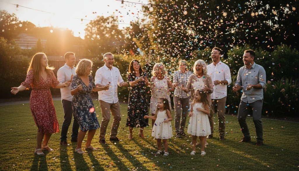 A wide-angle, vibrant, professional photograph capturing joyous Deer Park party memories, showing a diverse group of friends laughing and dancing under string lights at dusk in a Deer Park backyard, with confetti in the air and dramatic warm lighting highlighting their expressions.