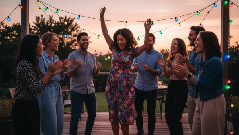 An epic, candid moment of pure joy and laughter, featuring guests dancing energetically under string lights at a vibrant outdoor birthday celebration in Frankston South, beautifully lit at dusk by a professional photographer Capturing joyous Frankston South party moments.