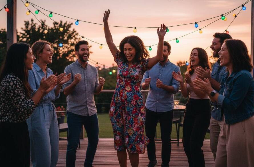 An epic, candid moment of pure joy and laughter, featuring guests dancing energetically under string lights at a vibrant outdoor birthday celebration in Frankston South, beautifully lit at dusk by a professional photographer Capturing joyous Frankston South party moments.