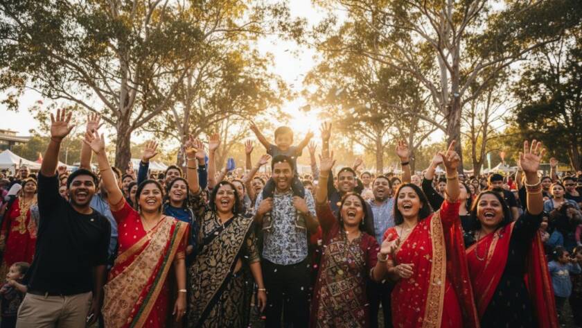 An epic moment capturing joyous Hughesdale community events photography: a wide-angle shot of a diverse group of people laughing and cheering at a vibrant outdoor festival in Hughesdale, with colourful decorations and the setting sun casting a warm glow, professionally lit and colour-graded.