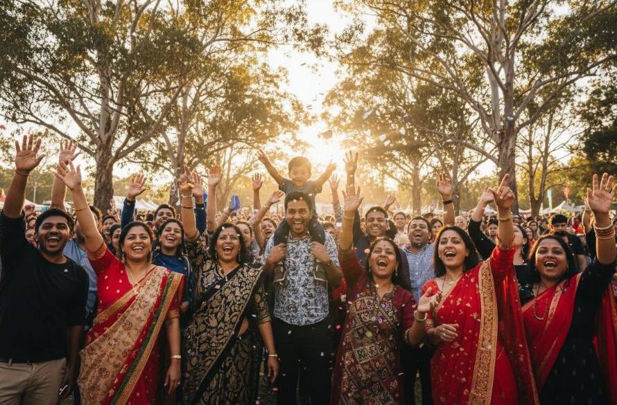 An epic moment capturing joyous Hughesdale community events photography: a wide-angle shot of a diverse group of people laughing and cheering at a vibrant outdoor festival in Hughesdale, with colourful decorations and the setting sun casting a warm glow, professionally lit and colour-graded.