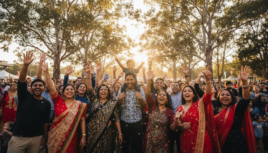 An epic moment capturing joyous Hughesdale community events photography: a wide-angle shot of a diverse group of people laughing and cheering at a vibrant outdoor festival in Hughesdale, with colourful decorations and the setting sun casting a warm glow, professionally lit and colour-graded.