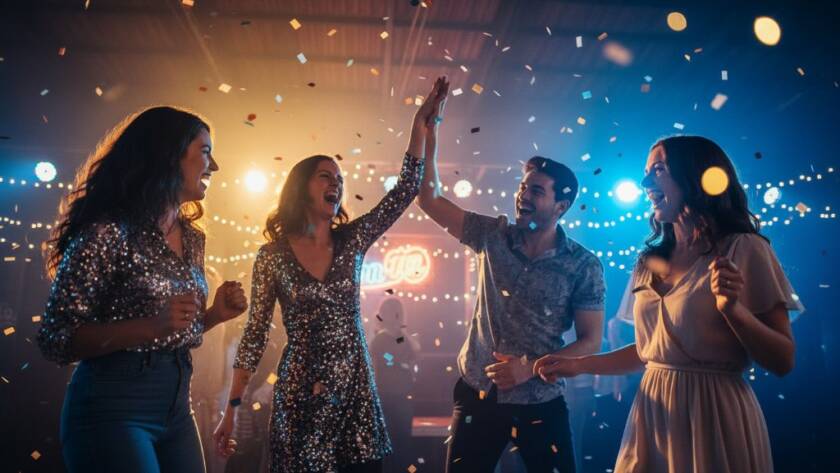 A wide-angle, vibrant shot of friends laughing and cheering, illuminated by dynamic party lights in a Clayton event venue, perfectly capturing joyous party moments Clayton Victoria with genuine emotion.