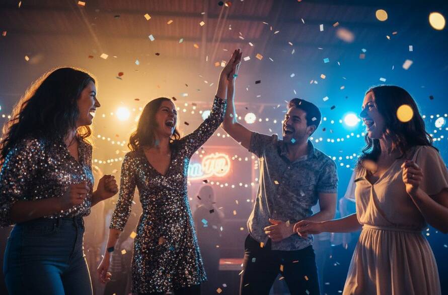 A wide-angle, vibrant shot of friends laughing and cheering, illuminated by dynamic party lights in a Clayton event venue, perfectly capturing joyous party moments Clayton Victoria with genuine emotion.
