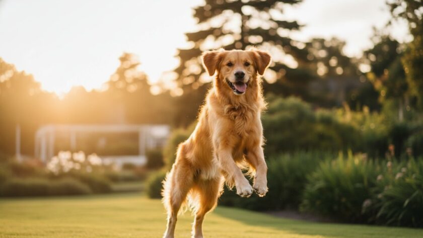 A golden retriever joyfully leaps through golden sunlight in the Geelong Botanic Gardens, a stunning example of Capturing joyous pet portraits Geelong botanic gardens, professionally photographed with dramatic backlighting and vibrant colours.
