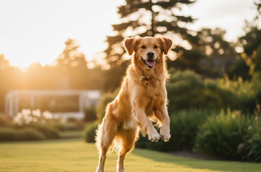 A golden retriever joyfully leaps through golden sunlight in the Geelong Botanic Gardens, a stunning example of Capturing joyous pet portraits Geelong botanic gardens, professionally photographed with dramatic backlighting and vibrant colours.