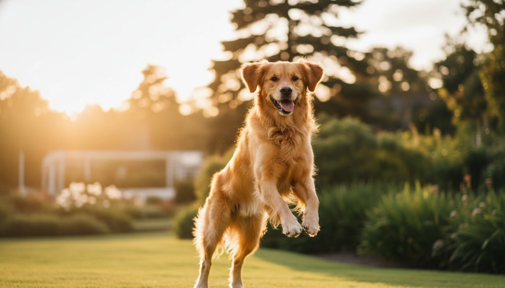 A golden retriever joyfully leaps through golden sunlight in the Geelong Botanic Gardens, a stunning example of Capturing joyous pet portraits Geelong botanic gardens, professionally photographed with dramatic backlighting and vibrant colours.