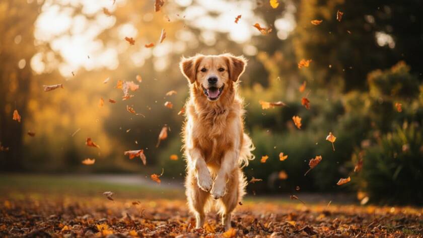 An epic moment of a golden retriever joyfully leaping through autumn leaves in a Nunawading park, bathed in golden hour light, perfectly illustrating Capturing joyous pet portraits Nunawading families adore.