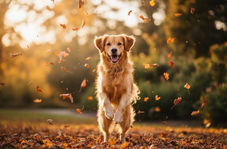 An epic moment of a golden retriever joyfully leaping through autumn leaves in a Nunawading park, bathed in golden hour light, perfectly illustrating Capturing joyous pet portraits Nunawading families adore.