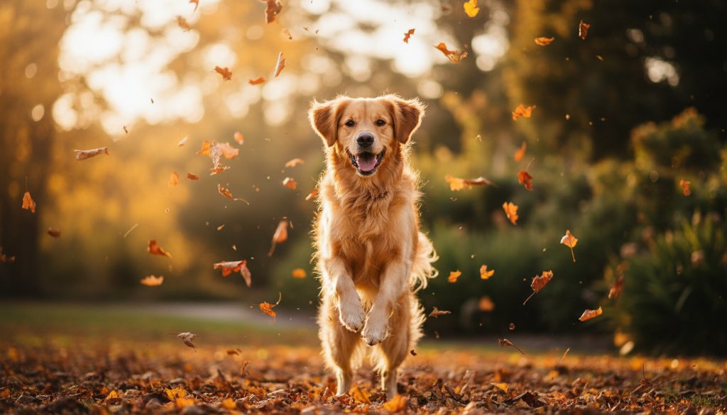 An epic moment of a golden retriever joyfully leaping through autumn leaves in a Nunawading park, bathed in golden hour light, perfectly illustrating Capturing joyous pet portraits Nunawading families adore.