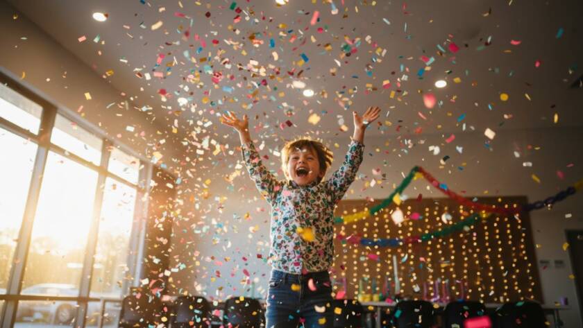 Dynamic wide shot capturing joyous Rowville birthday party photos, featuring a child laughing as confetti rains down during a peak celebration moment, with warm, dramatic lighting, set against a festive Rowville community hall backdrop.