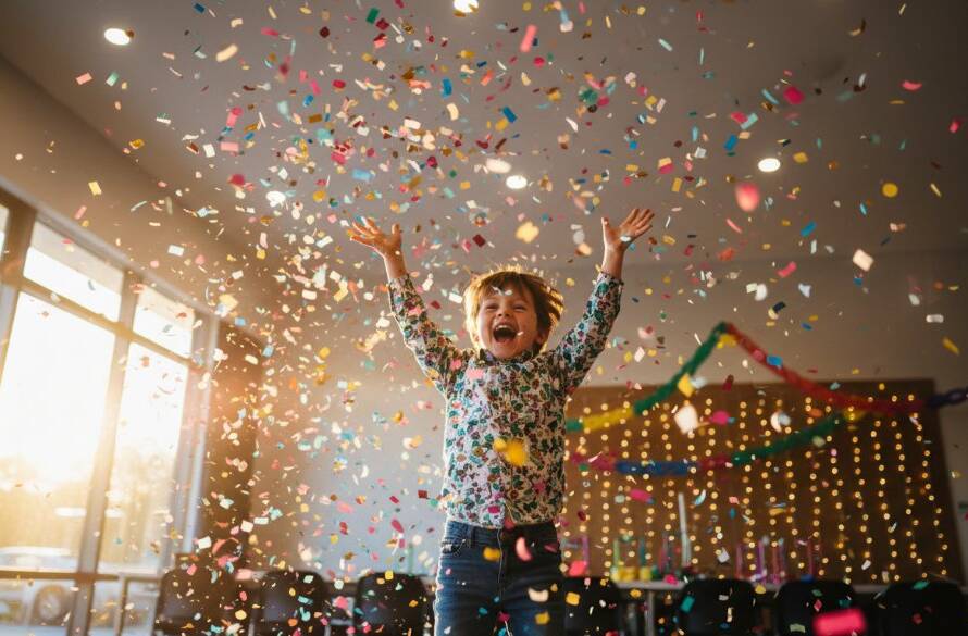 Dynamic wide shot capturing joyous Rowville birthday party photos, featuring a child laughing as confetti rains down during a peak celebration moment, with warm, dramatic lighting, set against a festive Rowville community hall backdrop.