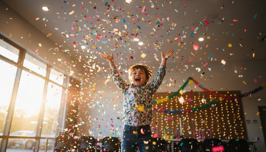 Dynamic wide shot capturing joyous Rowville birthday party photos, featuring a child laughing as confetti rains down during a peak celebration moment, with warm, dramatic lighting, set against a festive Rowville community hall backdrop.