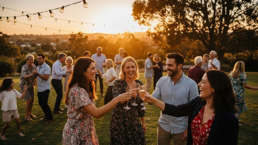 An epic wide-angle shot of a vibrant outdoor birthday celebration in Wallan, Victoria, with guests laughing and dancing under string lights at dusk, professional lighting capturing joyous Wallan party moments with professional photography.