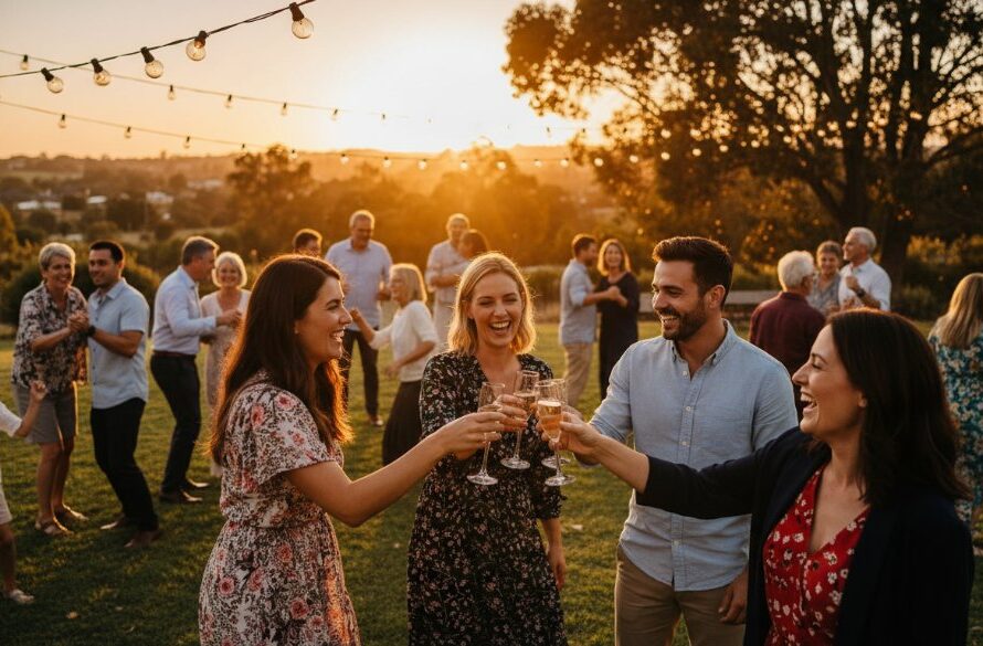 An epic wide-angle shot of a vibrant outdoor birthday celebration in Wallan, Victoria, with guests laughing and dancing under string lights at dusk, professional lighting capturing joyous Wallan party moments with professional photography.