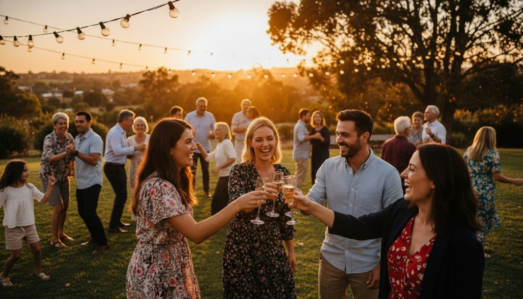 An epic wide-angle shot of a vibrant outdoor birthday celebration in Wallan, Victoria, with guests laughing and dancing under string lights at dusk, professional lighting capturing joyous Wallan party moments with professional photography.