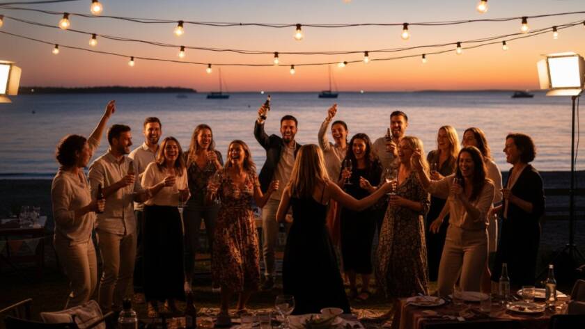 A dynamic, wide-angle shot of a joyous outdoor party celebration near the Werribee South foreshore, with guests laughing and dancing under string lights at dusk, perfectly illustrating Capturing joyous Werribee South party memories with professional lighting and a cinematic feel.