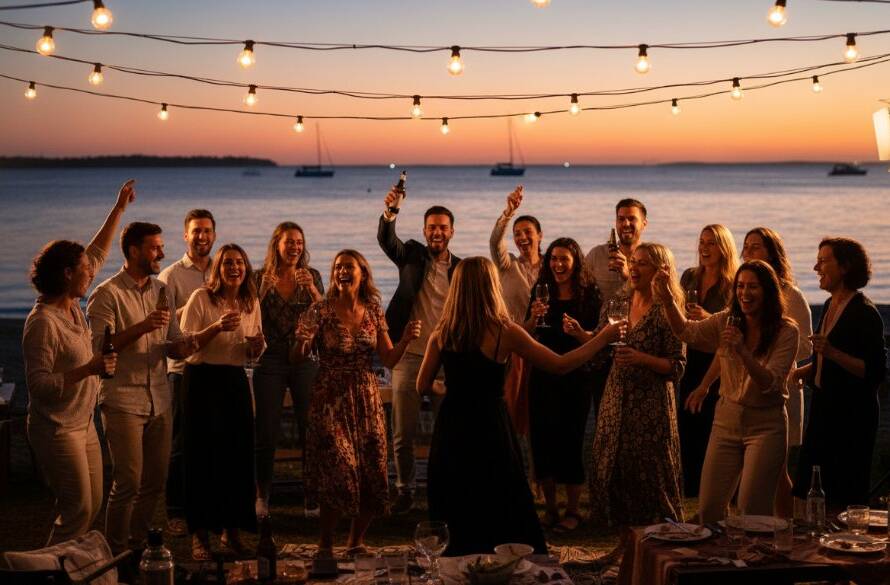 A dynamic, wide-angle shot of a joyous outdoor party celebration near the Werribee South foreshore, with guests laughing and dancing under string lights at dusk, perfectly illustrating Capturing joyous Werribee South party memories with professional lighting and a cinematic feel.