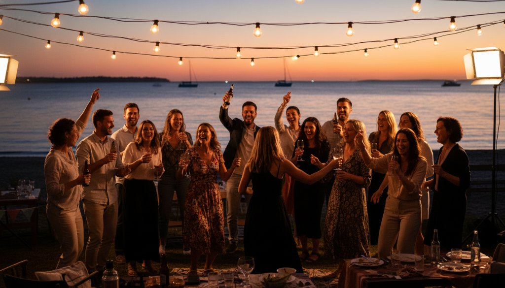 A dynamic, wide-angle shot of a joyous outdoor party celebration near the Werribee South foreshore, with guests laughing and dancing under string lights at dusk, perfectly illustrating Capturing joyous Werribee South party memories with professional lighting and a cinematic feel.