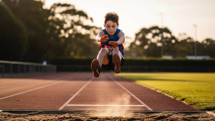 A professional, cinematic photograph capturing a young athlete mid-jump during a long jump event at a sunny Canterbury sports oval, with incredible focus and dynamic motion blur, perfectly showcasing capturing junior athletics triumphs Canterbury Victoria.