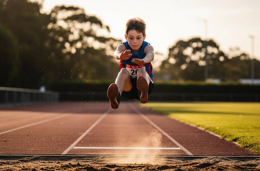 A professional, cinematic photograph capturing a young athlete mid-jump during a long jump event at a sunny Canterbury sports oval, with incredible focus and dynamic motion blur, perfectly showcasing capturing junior athletics triumphs Canterbury Victoria.