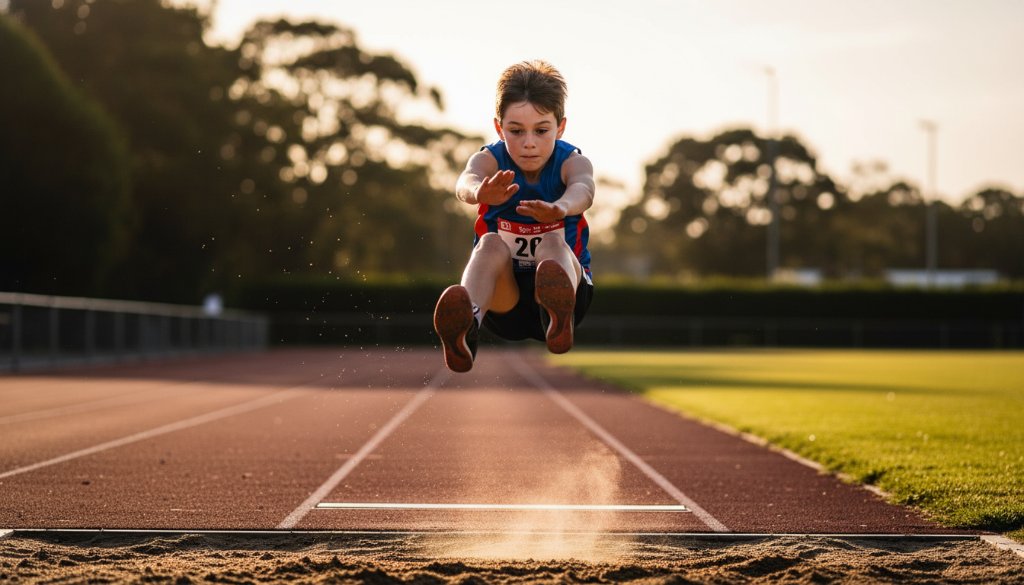A professional, cinematic photograph capturing a young athlete mid-jump during a long jump event at a sunny Canterbury sports oval, with incredible focus and dynamic motion blur, perfectly showcasing capturing junior athletics triumphs Canterbury Victoria.