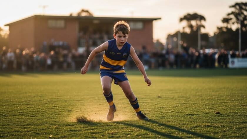 A thrilling, professional photograph capturing junior football action Ringwood North, showing a young player in mid-air, kicking a football under dramatic evening stadium lights, with a cheering crowd blurred in the background, conveying an epic, decisive moment.