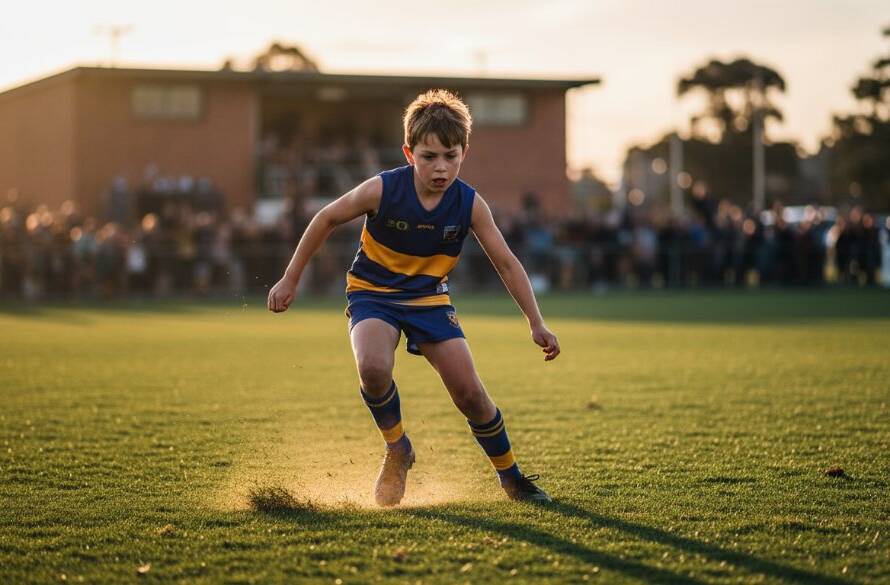 A thrilling, professional photograph capturing junior football action Ringwood North, showing a young player in mid-air, kicking a football under dramatic evening stadium lights, with a cheering crowd blurred in the background, conveying an epic, decisive moment.