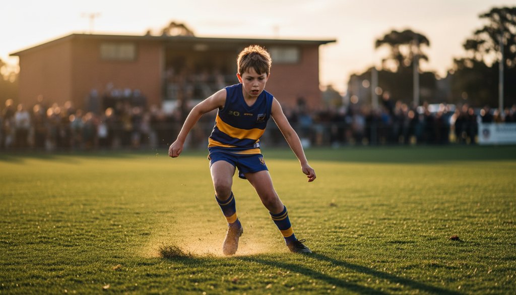 A thrilling, professional photograph capturing junior football action Ringwood North, showing a young player in mid-air, kicking a football under dramatic evening stadium lights, with a cheering crowd blurred in the background, conveying an epic, decisive moment.
