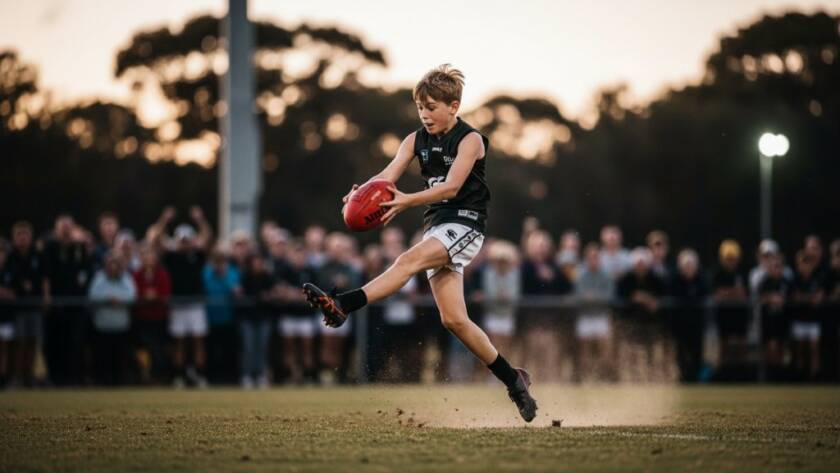Dynamic close-up of a young footballer scoring a goal, mid-air kick, dust flying, under dramatic stadium lights in Wheelers Hill, perfectly illustrating capturing junior football action Wheelers Hill with professional sports photography.
