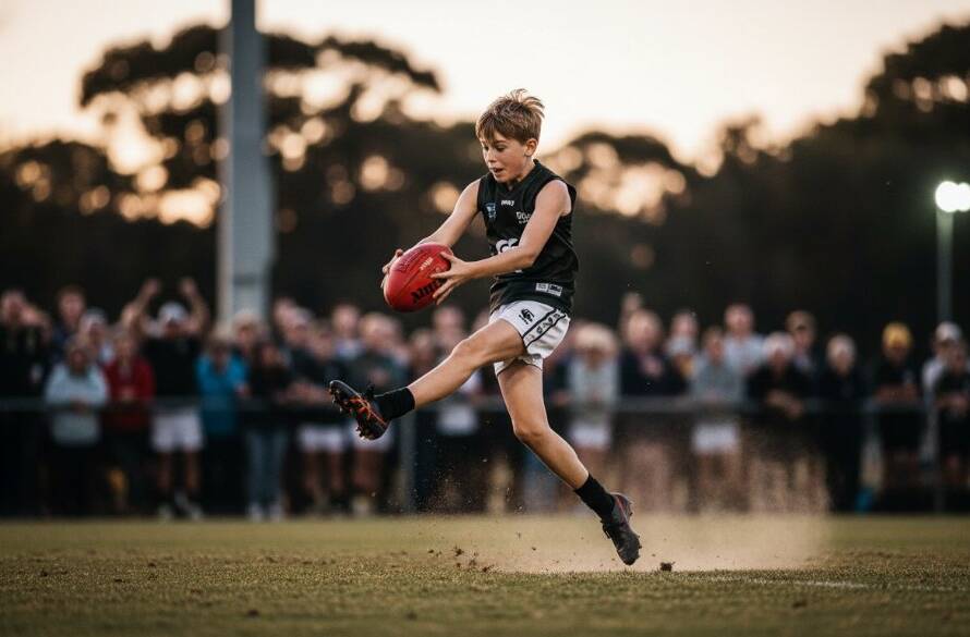 Dynamic close-up of a young footballer scoring a goal, mid-air kick, dust flying, under dramatic stadium lights in Wheelers Hill, perfectly illustrating capturing junior football action Wheelers Hill with professional sports photography.