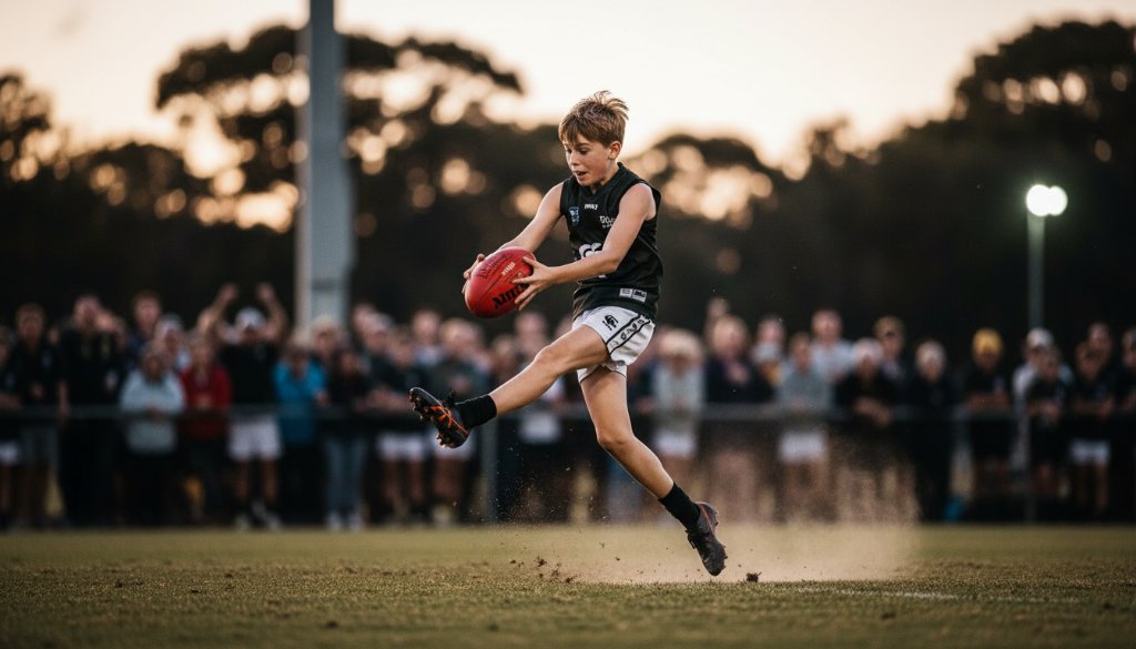 Dynamic close-up of a young footballer scoring a goal, mid-air kick, dust flying, under dramatic stadium lights in Wheelers Hill, perfectly illustrating capturing junior football action Wheelers Hill with professional sports photography.