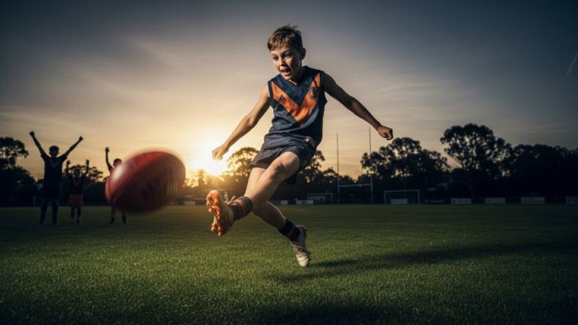 A professional photograph of a young junior football player in Bangholme making an epic game-winning kick, capturing junior football highlights Bangholme with dramatic low-angle lighting and a blurred background of cheering spectators.
