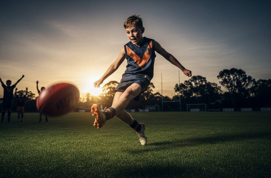 A professional photograph of a young junior football player in Bangholme making an epic game-winning kick, capturing junior football highlights Bangholme with dramatic low-angle lighting and a blurred background of cheering spectators.
