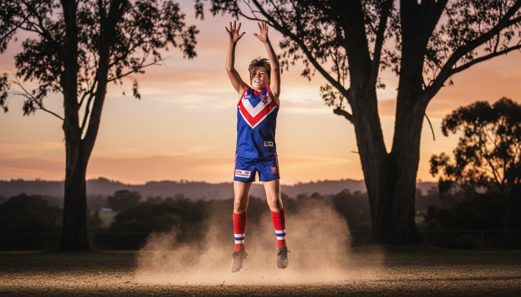 Dynamic close-up shot of a young Aussie Rules footballer in mid-air, hands on the ball, during a crucial play, brilliantly capturing junior footy action Wonga Park. The player's determined expression and the blurred background convey intense focus and speed, illuminated by dramatic late afternoon sunlight, with green oval details.