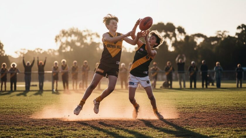 Dramatic wide-angle photograph capturing junior footy triumphs Brown Hill, showing a young Australian Rules Football player soaring above others for a mark under dramatic stadium lights at dusk, with cheering spectators in the blurred background, professionally colour graded.