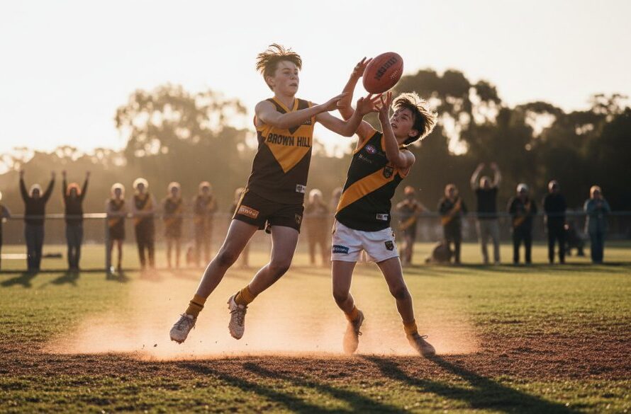 Dramatic wide-angle photograph capturing junior footy triumphs Brown Hill, showing a young Australian Rules Football player soaring above others for a mark under dramatic stadium lights at dusk, with cheering spectators in the blurred background, professionally colour graded.